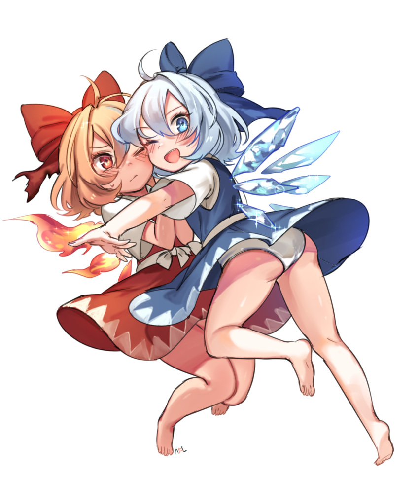 2girls achi_cirno ahoge alternate_color alternate_element barefoot blue_bow blue_dress blue_eyes blue_hair blush bow cirno dress dual_persona fiery_wings hair_bow highres ice ice_wings looking_at_viewer multiple_girls one_eye_closed open_mouth orange_hair panties pantyshot red_bow red_dress red_eyes simple_background sleeveless sleeveless_dress smile tis_(shan0x0shan) touhou underwear white_background white_panties wings
