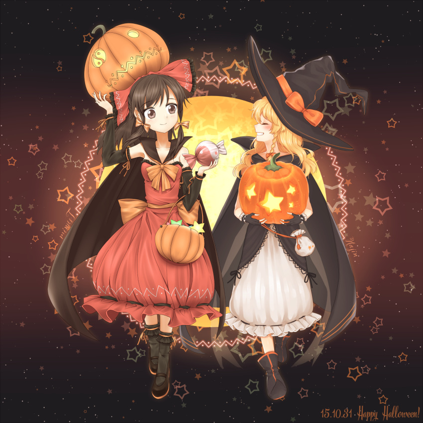 2girls ^_^ alternate_costume basket black_gloves blonde_hair blush boots bow braid brown_eyes brown_hair bubble_skirt cape closed_eyes collaboration commentary_request dated detached_sleeves dress full_body gloves gradient gradient_background grin hair_bow hair_ornament hair_ribbon hajin hakurei_reimu halloween halloween_costume happy happy_halloween hat hat_ribbon highres jack-o'-lantern kirisame_marisa long_hair long_sleeves looking_at_another mary_janes minust multiple_girls ponytail profile ribbon sash shoes side_braid single_braid skirt smile star strapless strapless_dress text touhou wavy_hair witch_hat yin_yang