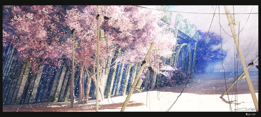 border cherry_blossoms gate highres nature no_humans original petals power_lines scenery signature spring telephone_pole tree twitter_username waisshu_(sougyokyuu)