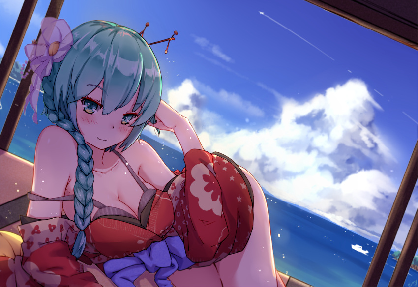 1girl aqua_eyes aqua_hair arm_support bangs blue_sky blush bra braid breasts cleavage clouds condensation_trail dutch_angle grey_bra hair_ornament hair_over_shoulder hair_stick hand_on_own_head hatsune_miku horizon japanese_clothes kimono legs_together looking_at_viewer lying medium_breasts naughty_face ocean off_shoulder on_side red_kimono sash signature single_braid sky smile solo strap_slip underwear vocaloid water zhayin-san