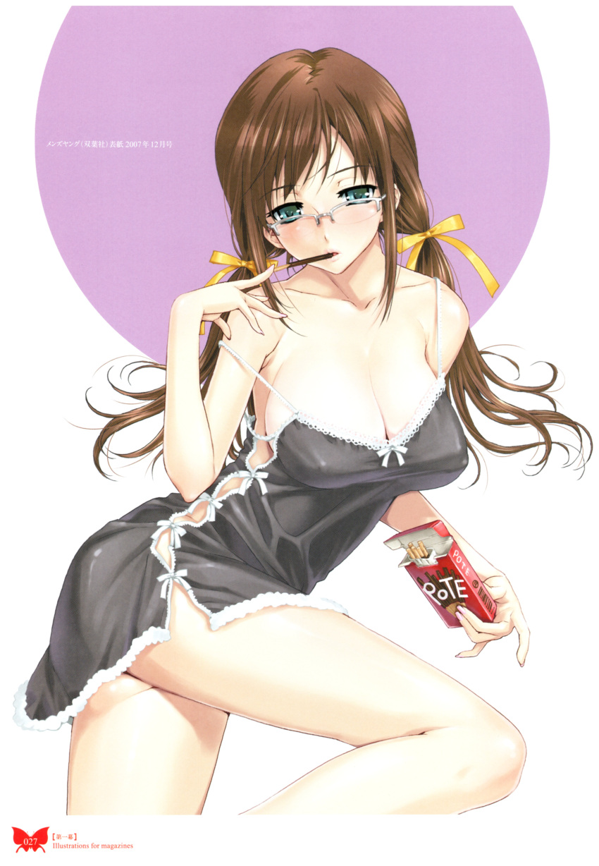 1girl absurdres bare_shoulders breasts brown_hair cleavage food glasses green_eyes hair_ribbon happoubi_jin highres long_hair looking_at_viewer nightgown original pocky ribbon scan solo twintails