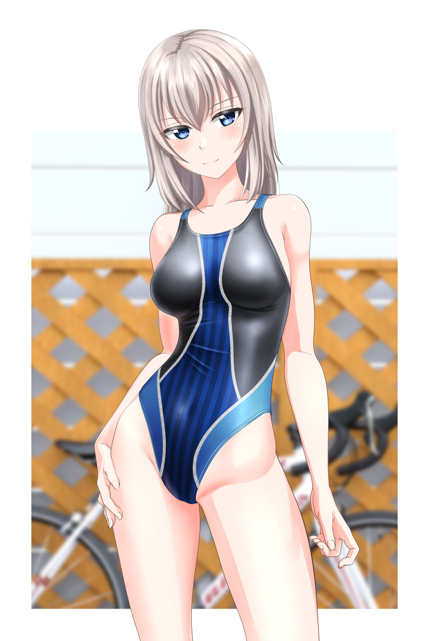 1girl absurdres bangs bicycle black_swimsuit blue_eyes blurry blurry_background breasts competition_swimsuit contrapposto cowboy_shot girls_und_panzer ground_vehicle highres itsumi_erika light_smile looking_at_viewer medium_breasts medium_hair multicolored_clothes multicolored_swimsuit one-piece_swimsuit silver_hair solo standing striped striped_swimsuit swimsuit takafumi