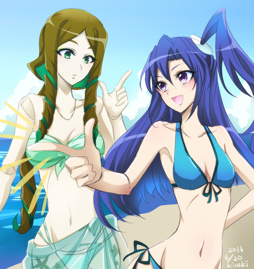 2girls :d artist_name beach bikini blue_bikini blue_hair blush breasts cleavage dated doll_joints eyeshadow green_bikini green_eyes hair_between_eyes highres jewelry kazanari_tsubasa kiraki long_hair makeup medium_breasts multiple_girls navel necklace ocean open_mouth parted_lips phara_suyuf pointing sarong senki_zesshou_symphogear side-tie_bikini side_ponytail smile swimsuit violet_eyes