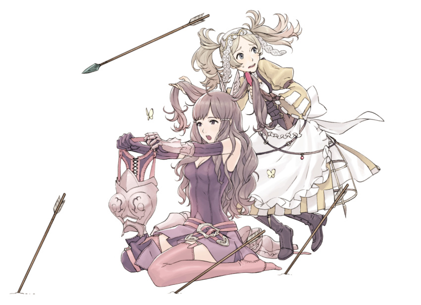 2girls :o apron armor arrow bangs bare_shoulders belt blonde_hair blue_eyes blush boot_removed boots breastplate breasts brown_eyes brown_hair brush brushing butterfly buttons cleavage corset detached_sleeves dress feathers fire_emblem fire_emblem:_kakusei flinch garter_straps gauntlets gloves hair_brush hair_brushing hair_ornament highres holding kozaki_yuusuke leaning leaning_forward liz_(fire_emblem) long_hair long_sleeves medium_breasts multiple_girls no_shoes open_mouth parted_bangs pink_legwear planted_arrow puffy_sleeves purple_gloves shoes_removed short_dress short_hair short_twintails simple_background single_boot single_shoe sitting sleeveless spaulders striped sumia sweatdrop tank_top thigh-highs thigh_boots tiara tiptoes twintails wariza wavy_hair white_background wide_sleeves worried zettai_ryouiki