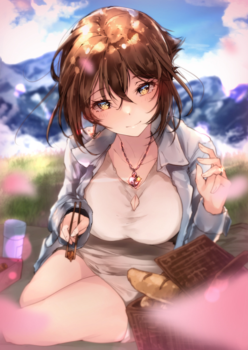 1girl absurdres alternate_costume baguette bangs blue_shirt blurry blush bread breasts brown_eyes brown_hair cherry_blossoms cleavage cleavage_cutout closed_mouth depth_of_field dress food hair_between_eyes head_tilt highres hplay incoming_food jewelry kantai_collection large_breasts looking_at_viewer mutsu_(kantai_collection) open_clothes open_shirt outdoors pendant petals picnic_basket pov_feeding shirt sitting smile solo white_dress