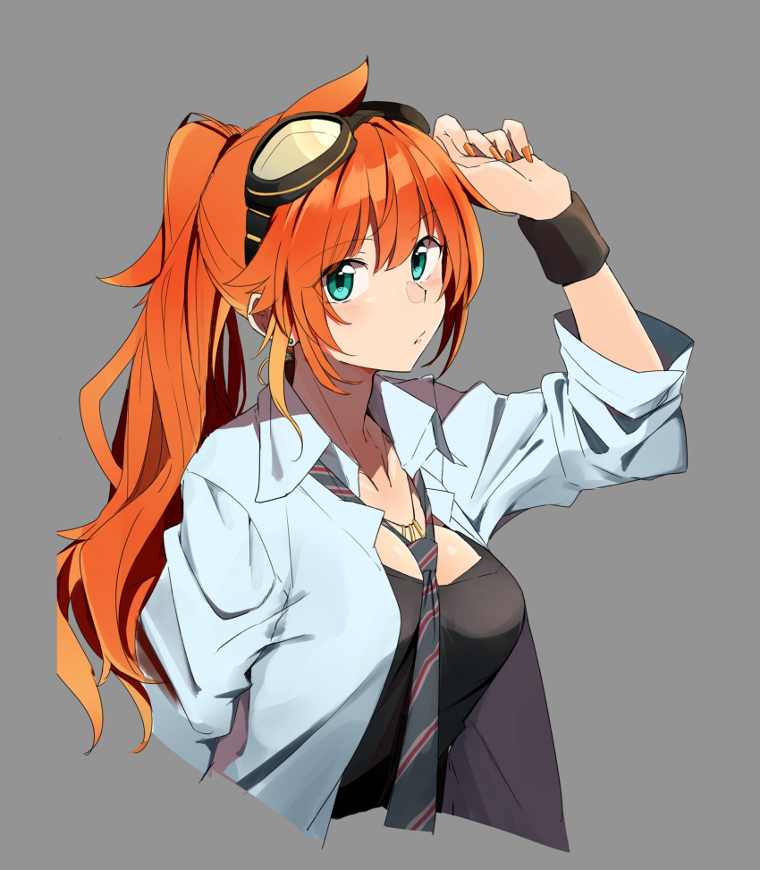 1girl :/ absurdres amano_tora aqua_eyes arm_up bangs blush breasts closed_mouth collarbone cropped_torso eyebrows_visible_through_hair goggles goggles_on_head grey_background grey_necktie hand_on_goggles highres kazenoko long_hair looking_at_viewer loose_necktie medium_breasts nail_polish necktie open_clothes open_shirt orange_hair orange_nails original ponytail shirt simple_background solo striped striped_necktie tank_top upper_body wavy_hair wristband