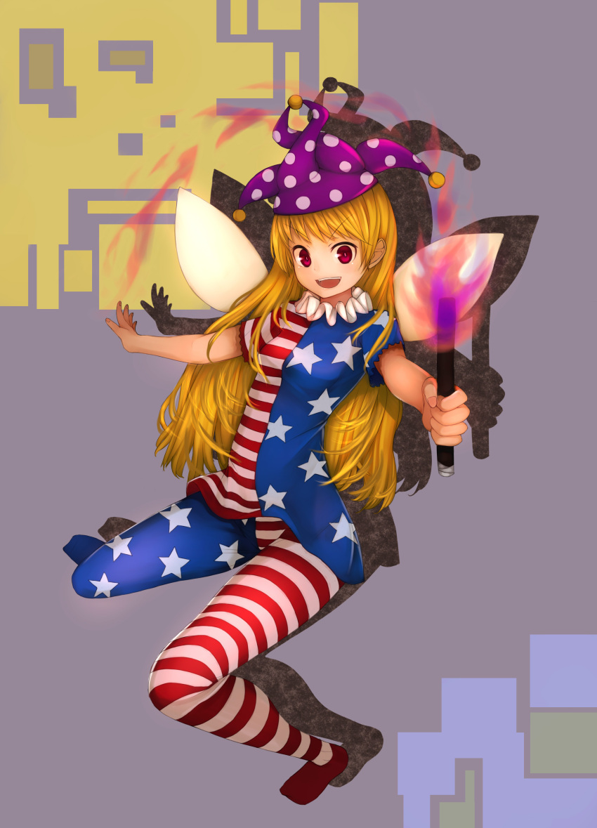 1girl absurdres american_flag american_flag_dress american_flag_legwear artist_request blonde_hair clownpiece dress fairy fairy_wings frilled_shirt_collar frills hat highres jester_cap leggings long_hair neck_ruff pantyhose pink_eyes polka_dot print_legwear short_dress short_sleeves solo star torch touhou very_long_hair wings