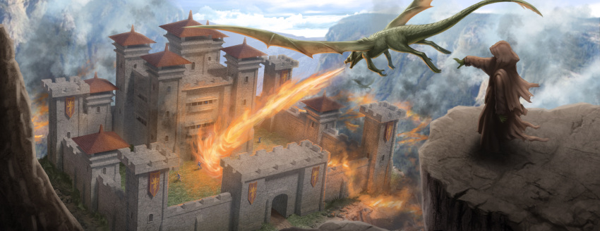 castle cliff clouds dragon fire flag grass highres hood mountain original robe sam_delatore sky tail wings