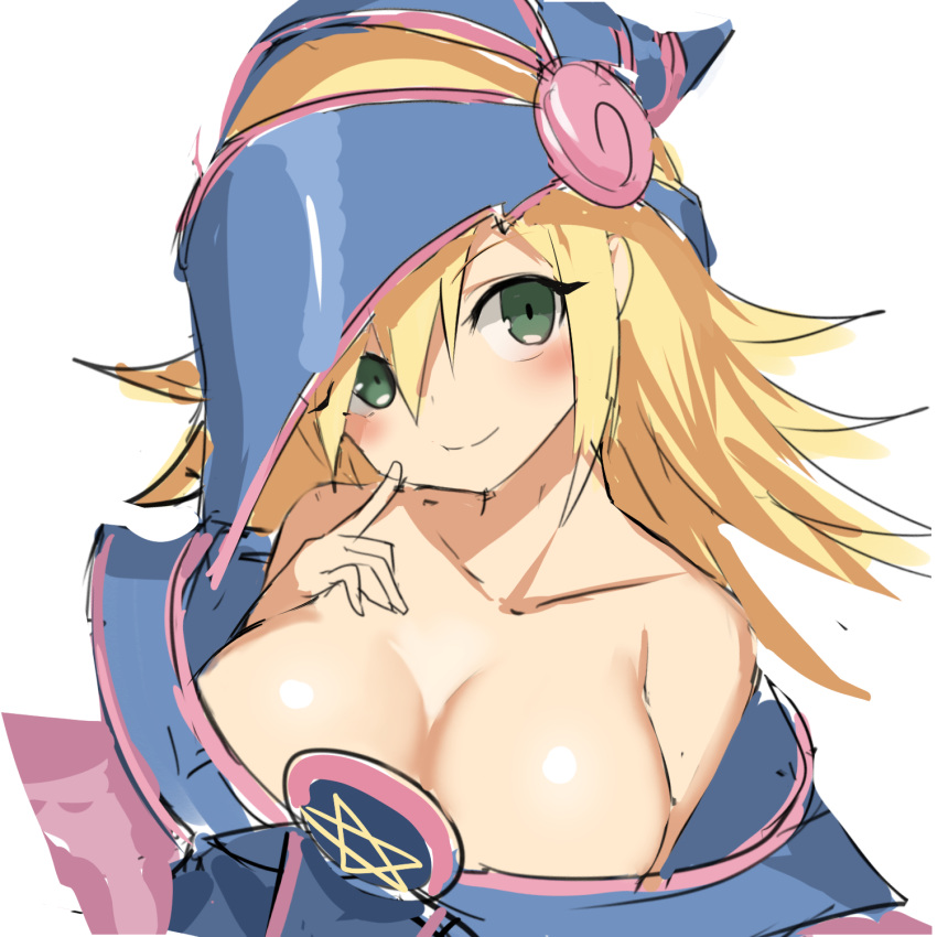 1girl bare_shoulders blonde_hair blue_dress blush breasts cleavage closed_mouth collarbone dark_magician_girl dress duel_monster ear_visible_through_hair finger_to_cheek green_eyes hand_on_breast hat head_tilt highres large_breasts long_hair pentacle perspective smile solo star white_background wizard_hat wonder_yamada yu-gi-oh! yuu-gi-ou_duel_monsters