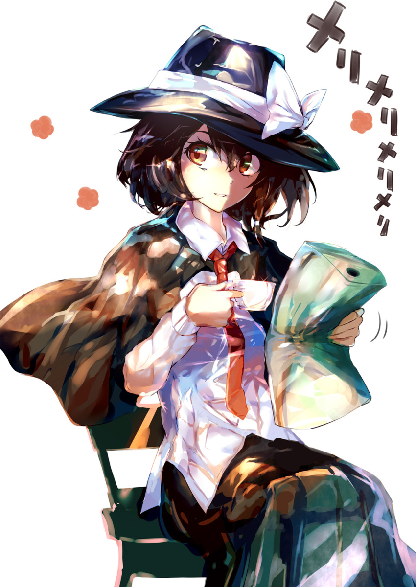 1girl black_skirt bow brown_eyes brown_hair capelet collared_shirt cup fedora hair_between_eyes hat hat_bow highres holding holding_cup long_sleeves looking_at_viewer necktie newspaper parted_lips puffy_long_sleeves puffy_sleeves red_necktie sakushou shirt skirt smile solo touhou usami_renko white_background white_bow white_shirt