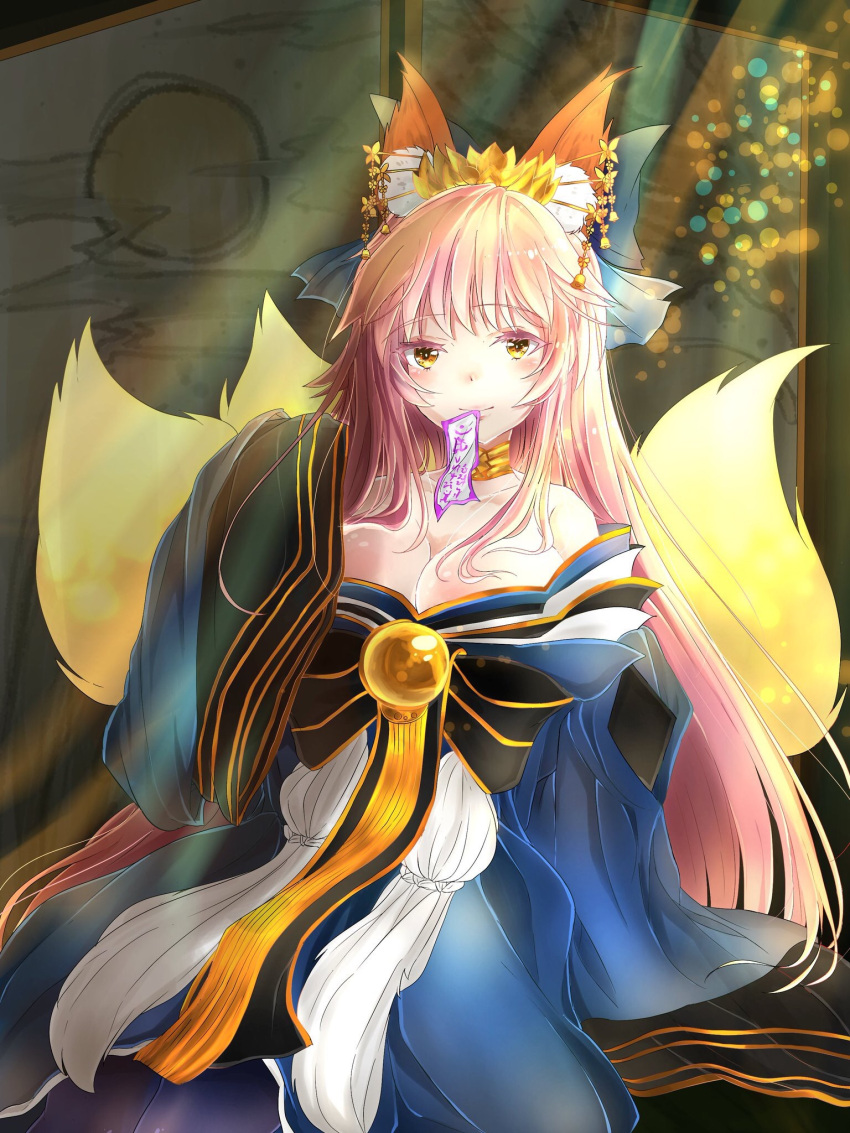 1girl animal_ears bad_id bad_pixiv_id blue_legwear bow breasts cleavage collarbone detached_sleeves fate/extra fate/grand_order fate_(series) fox_ears fox_tail hair_bow hair_ribbon highres japanese_clothes large_breasts looking_at_viewer multiple_girls nik9 pink_hair ribbon solo tail tamamo_(fate)_(all) tamamo_no_mae_(fate) yellow_eyes