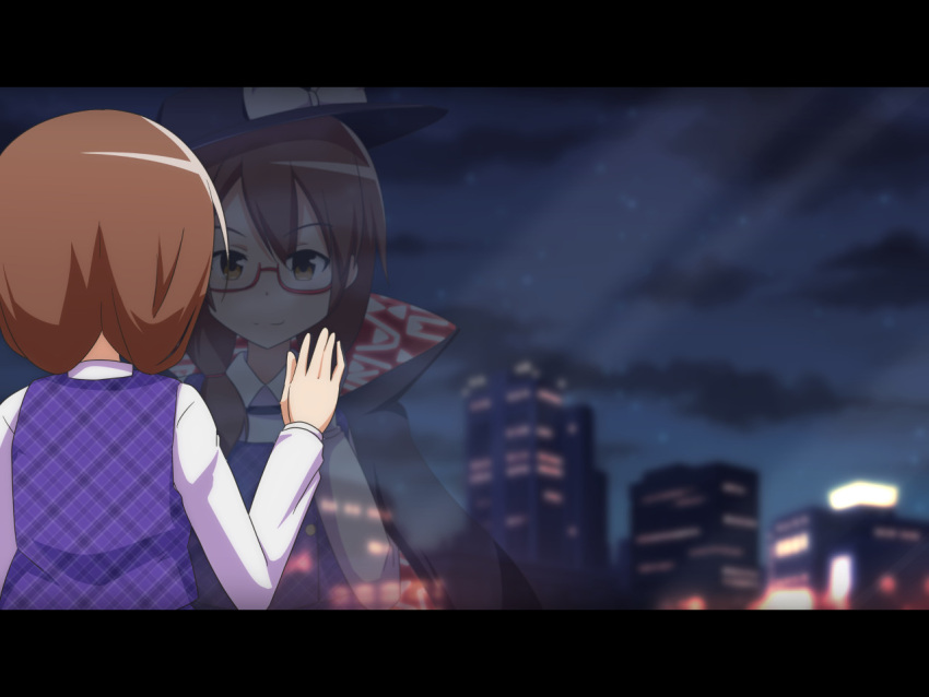 1girl bow brown_eyes brown_hair building cape cato_(monocatienus) city_lights cityscape commentary_request different_reflection glasses hat hat_bow letterboxed long_sleeves low_twintails night night_sky plaid red-framed_eyewear reflection semi-rimless_glasses shirt sky skyscraper solo touhou twintails under-rim_glasses usami_sumireko vest window