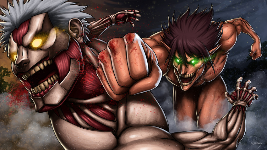 2boys armored_titan blood blood_from_mouth bloody_hands brown_hair glowing glowing_eyes green_eyes highres male_focus multiple_boys muscle open_mouth pointy_ears punching rogue_titan sam_delatore shingeki_no_kyojin signature silver_hair yellow_eyes