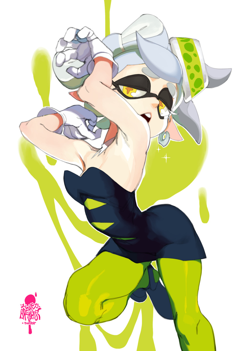 +_+ 1girl armpits bare_shoulders breasts brekkist domino_mask dress earrings food food_on_head gloves green_legwear highres hoop_earrings hotaru_(splatoon) jewelry mask mole mole_under_eye object_on_head pointy_ears short_jumpsuit small_breasts solo splatoon strapless strapless_dress tentacle_hair undersized_clothes white_gloves