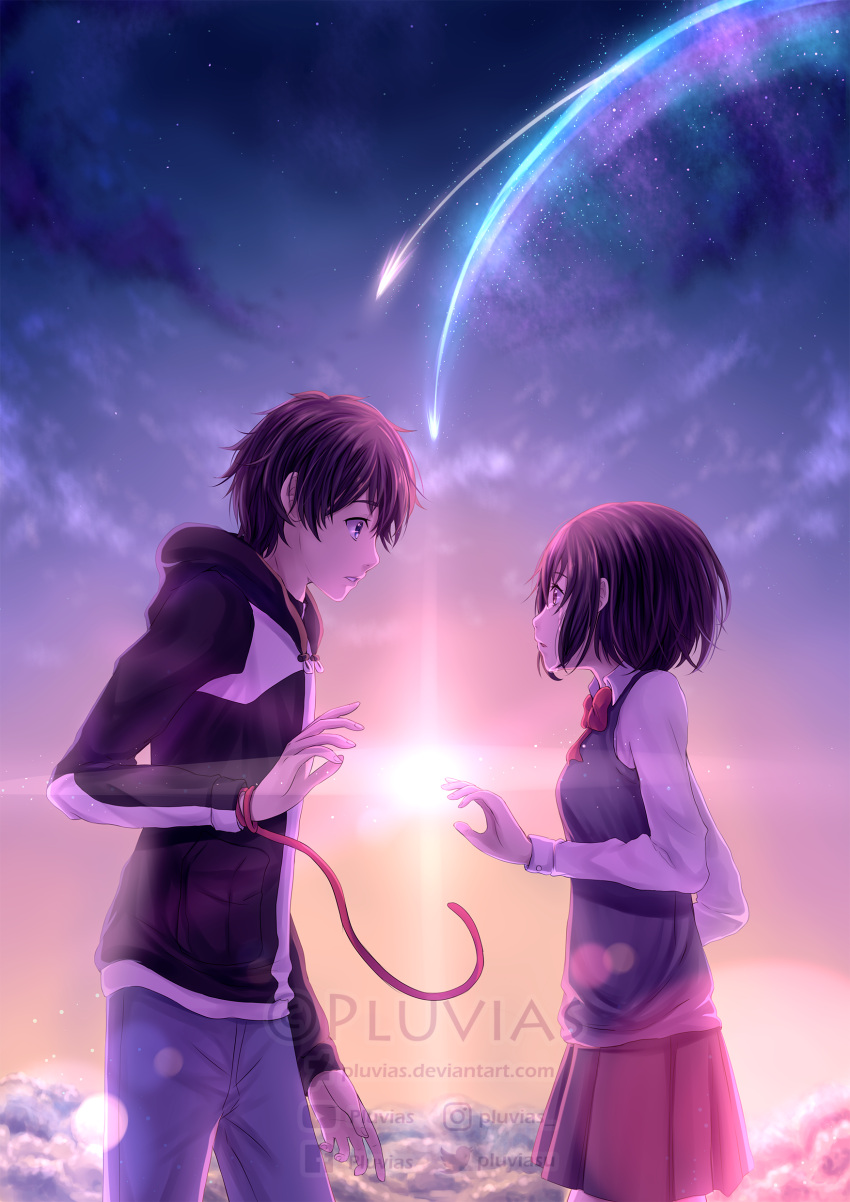 1boy 1girl absurdres artist_request blue_eyes brown_eyes brown_hair clouds comet commentary diffraction_spikes eye_contact height_difference highres hood hoodie kimi_no_na_wa long_sleeves looking_at_another miniskirt miyamizu_mitsuha red_ribbon ribbon school_uniform short_hair skirt sweater_vest tachibana_taki tears twilight watermark wrist_ribbon