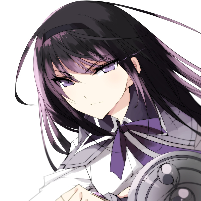 1girl absurdres akemi_homura black_hair black_hairband capelet close-up closed_mouth expressionless glowing glowing_eye hairband highres long_hair magical_girl mahou_shoujo_madoka_magica misteor purple_ribbon ribbon shield simple_background solo upper_body violet_eyes white_background