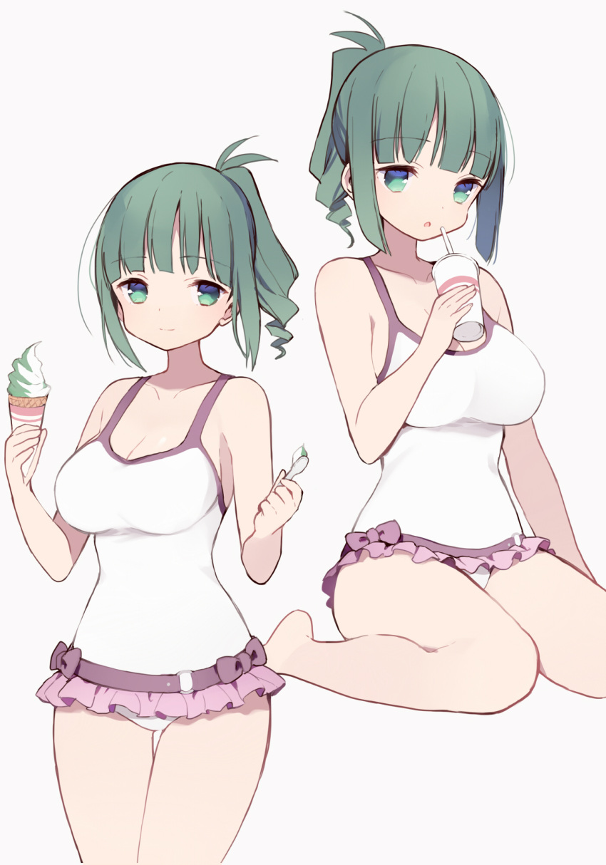 1girl barefoot breasts cleavage drinking_cup drinking_straw food frilled_swimsuit frills green_eyes green_hair highres ice_cream itsumi_(itumiyuo) large_breasts looking_at_viewer one-piece_swimsuit open_mouth ponytail saki short_hair sidelocks simple_background sitting smile solo swimsuit takimi_haru wariza white_background white_swimsuit