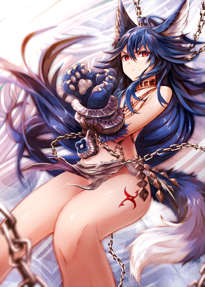 1girl animal_ears bare_legs blue_hair bound breasts chains colored_eyelashes convenient_censoring fenrir_(shingeki_no_bahamut) granblue_fantasy hair_between_eyes highres jewelry long_hair looking_at_viewer medium_breasts necklace open_mouth paws red_eyes shingeki_no_bahamut spiky_hair sukemyon tail thighs wolf_ears wolf_tail