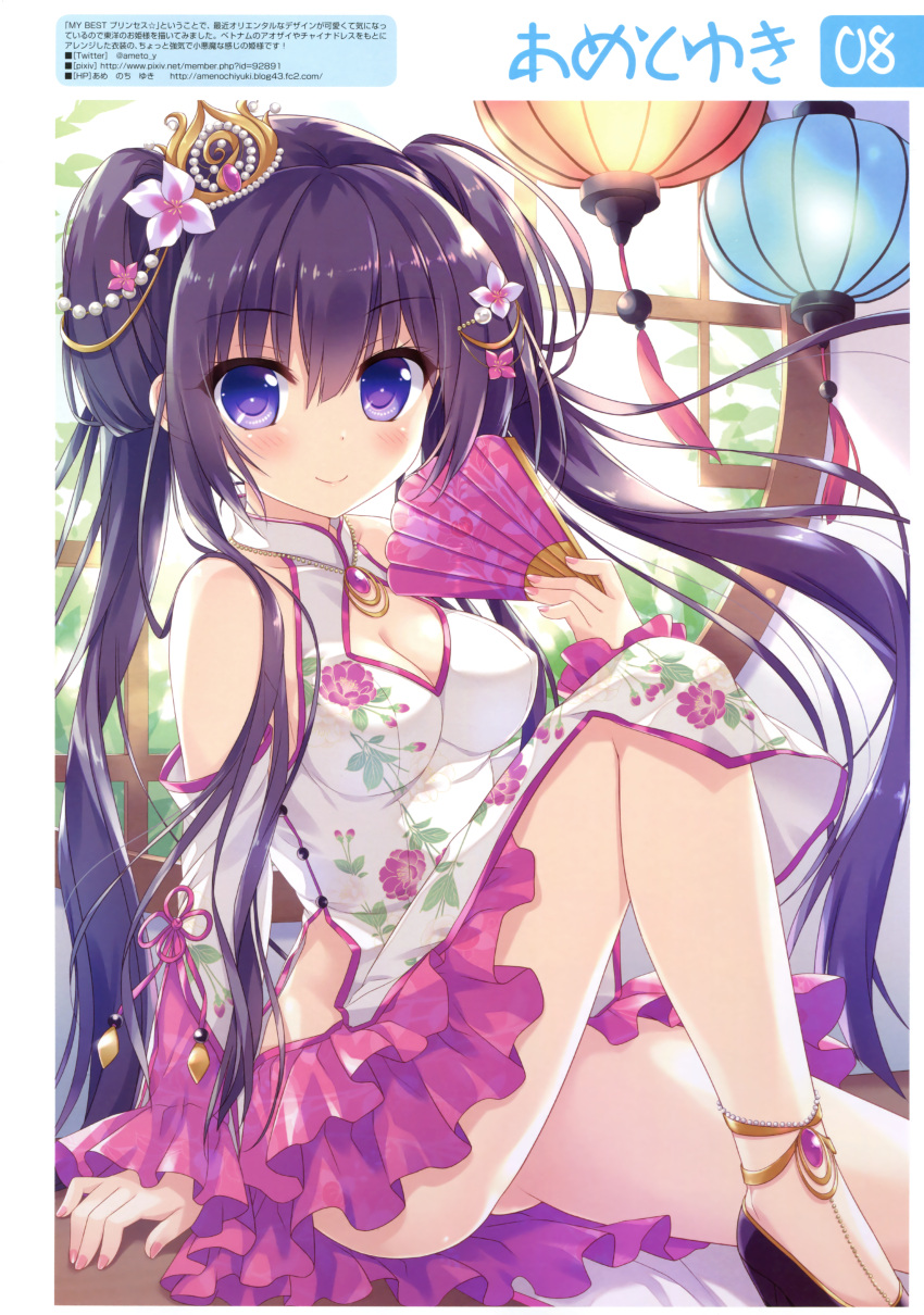 1girl absurdres ameto_yuki anklet artist_name bare_shoulders blush breasts china_dress chinese_clothes cleavage dress fan flower hair_flower hair_ornament highres jewelry lantern legs long_hair looking_at_viewer nail_polish original purple_hair smile solo two_side_up violet_eyes window