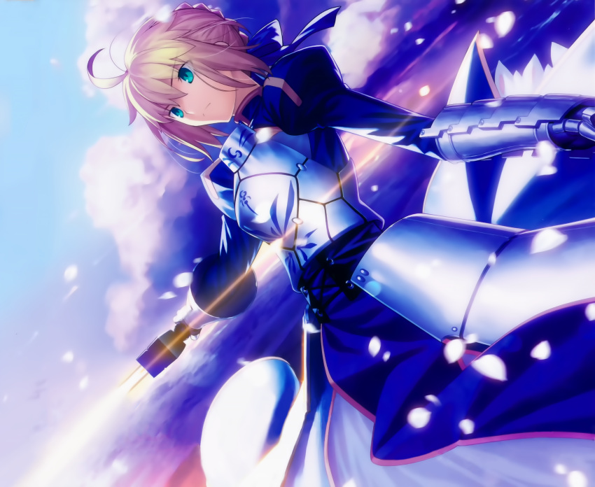 1girl absurdres ahoge armor armored_dress blonde_hair blue_dress blue_eyes dress dutch_angle excalibur fate/stay_night fate_(series) gauntlets highres holding holding_sword holding_weapon official_art saber short_hair solo sword takeuchi_takashi weapon