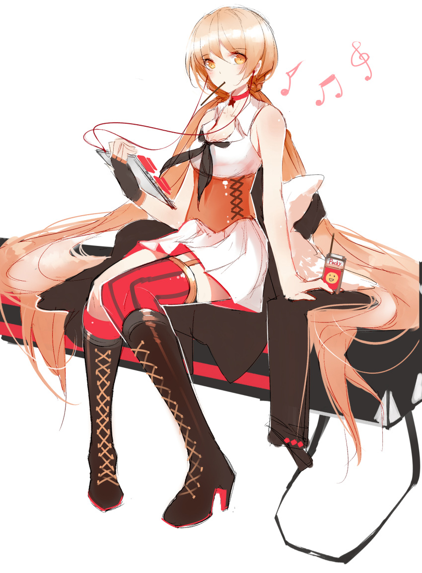 1girl absurdres blonde_hair blush boots breasts choker day eating eyebrows eyebrows_visible_through_hair food fur_collar girls_frontline headphones high_heels highres horz jacket long_hair looking_at_viewer music necktie ots-14 ots-14_(girls_frontline) pocky sitting skirt thigh-highs thigh_strap very_long_hair yellow_eyes