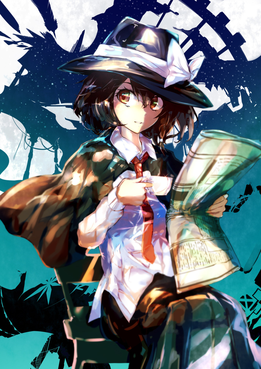 1girl black_skirt bow brown_eyes brown_hair capelet collared_shirt cup fedora hair_between_eyes hat hat_bow highres holding holding_cup long_sleeves looking_at_viewer necktie newspaper parted_lips puffy_long_sleeves puffy_sleeves red_necktie sakushou shirt skirt smile solo touhou usami_renko white_bow white_shirt