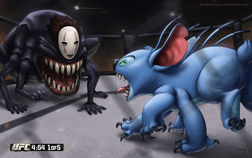 claws crossover disney highres kaonashi lilo_&amp;_stitch mask multiple_arms no_humans open_mouth saliva sam_delatore sen_to_chihiro_no_kamikakushi sharp_teeth stitch_(lilo_&amp;_stitch) teeth tongue tongue_out ultimate_fighting_championship