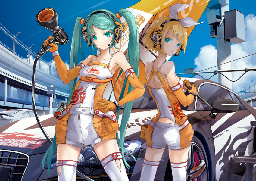 2girls ajigo aqua_eyes aqua_hair arm_up bangs blonde_hair blue_sky breasts car closed_mouth clouds colored_eyelashes condensation_trail contrapposto elbow_gloves from_behind gloves goodsmile_company goodsmile_racing ground_vehicle hair_ornament hairclip hand_on_hip hatsune_miku headphones headset holding holding_umbrella kagamine_rin long_hair looking_at_viewer mechanic microphone motor_vehicle multiple_girls orange_gloves outdoors parted_lips pouch power_tool racecar racequeen racetrack short_hair short_shorts shorts sky sleeveless small_breasts smile spaghetti_strap standing swept_bangs thigh-highs twintails umbrella very_long_hair vocaloid white_legwear white_shorts