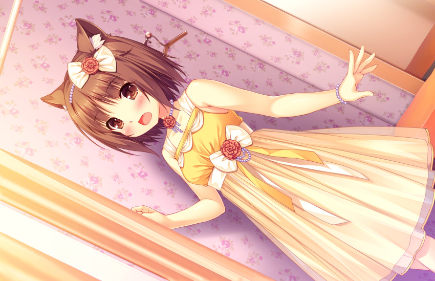 1girl animal_ears azuki_(sayori) blush bow bracelet brown_eyes brown_hair cat_ears dress dutch_angle eyebrows_visible_through_hair fan hair_bow indoors jewelry necklace nekopara open_mouth sayori see-through short_hair sleeveless sleeveless_dress slit_pupils solo standing white_bow yellow_dress