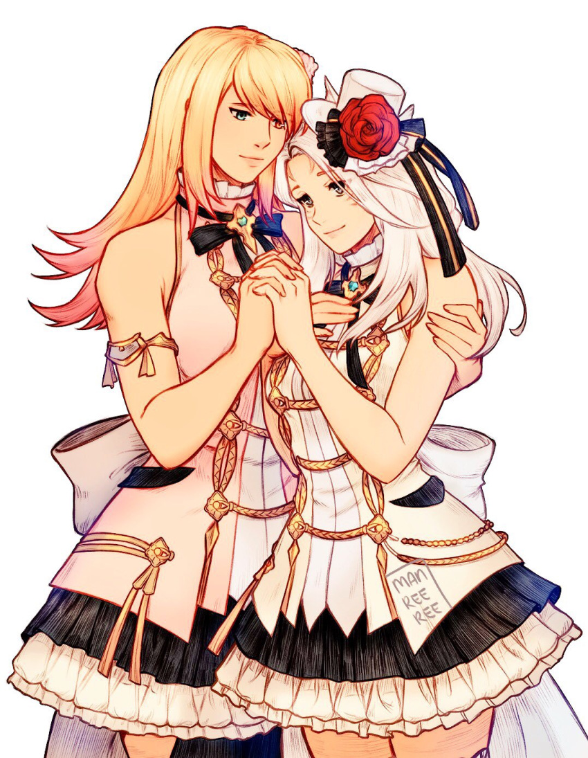 2girls animal_ears blonde_hair blue_eyes cat_ears final_fantasy final_fantasy_xiv grey_eyes hand_holding hat highres hyur idol long_hair mini_hat mini_top_hat miqo'te multicolored_hair multiple_girls reema_and signature sleeveless thigh-highs top_hat two-tone_hair white_hair