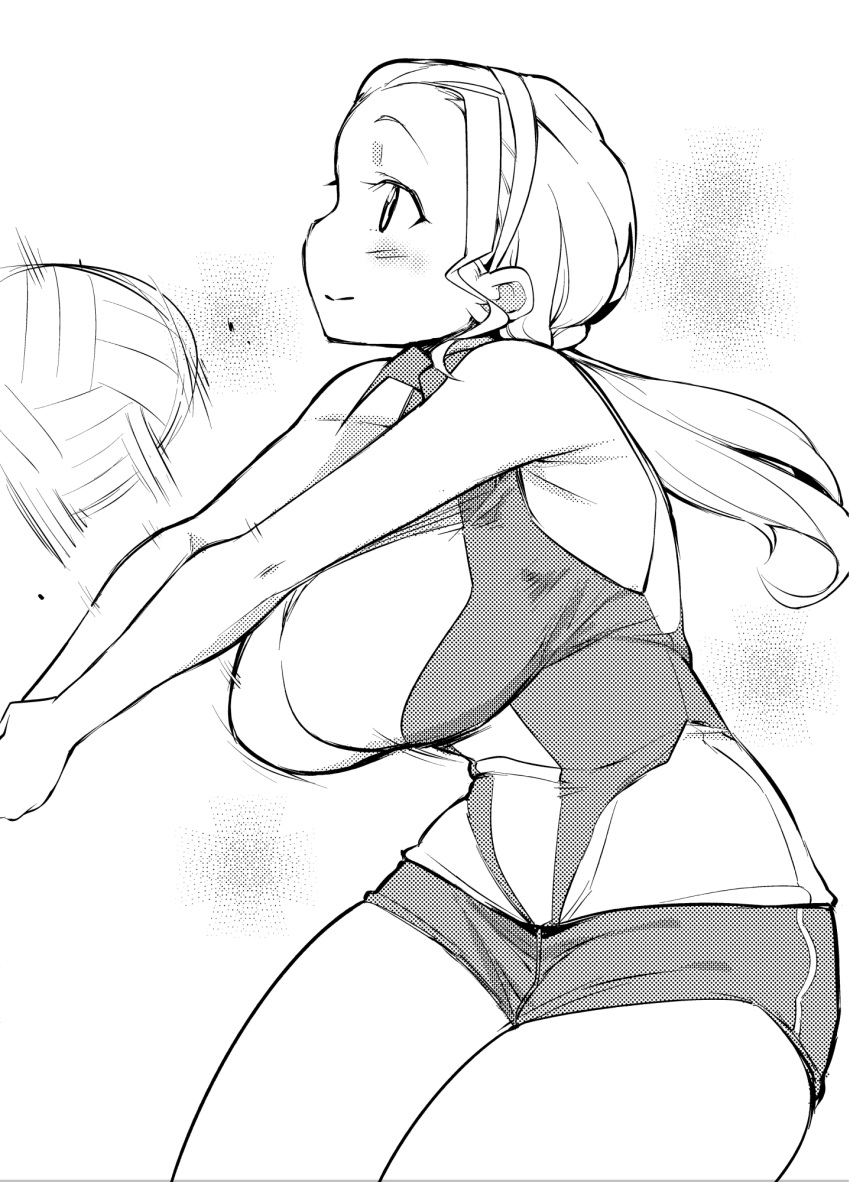 1girl bare_shoulders blush breasts girls_und_panzer hairband highres large_breasts low_ponytail monochrome sasaki_akebi shiny shiny_hair shorts smile solo sportswear try volleyball volleyball_uniform