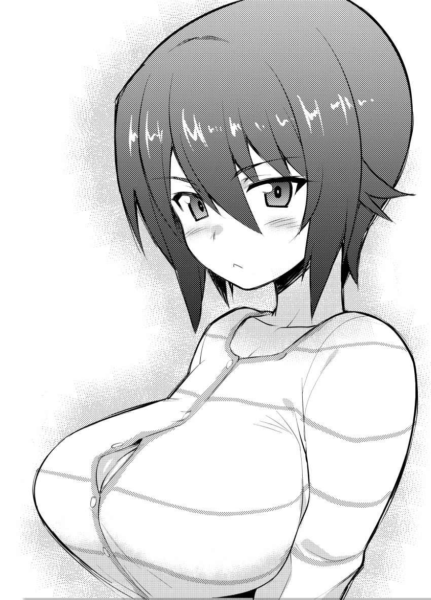 1girl :&lt; blush breasts cleavage collarbone frown girls_und_panzer highres impossible_clothes impossible_shirt large_breasts long_sleeves looking_at_viewer monochrome nishizumi_maho shiny shiny_hair shirt short_hair solo striped striped_shirt try unbuttoned upper_body