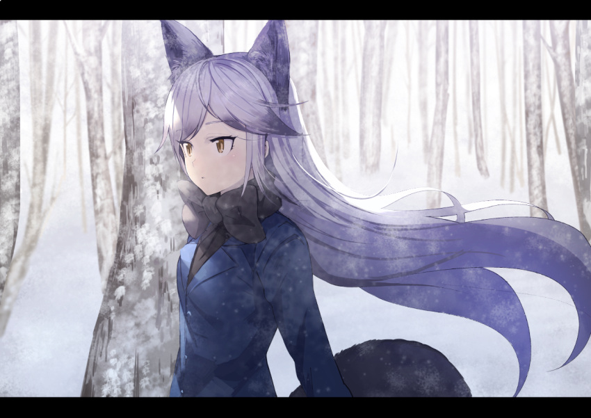 1girl :o animal_ears arms_at_sides bare_tree black_bow black_bowtie black_necktie blazer blue_jacket bow bowtie breath brown_eyes buttons commentary eyebrows eyebrows_visible_through_hair eyelashes floating_hair fox_ears fox_tail from_side grey_hair jacket kemono_friends koruse letterboxed long_hair long_sleeves looking_away multicolored_hair necktie open_mouth outdoors sanpaku scenery silver_fox_(kemono_friends) snow snowing solo tail tree tsurime two-tone_hair upper_body very_long_hair wind