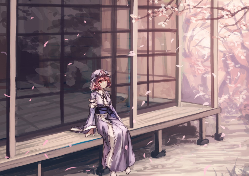 1girl berabou blue_dress cherry_blossoms dress full_body hat highres japanese_clothes long_sleeves looking_away mob_cap obi petals pink_eyes pink_hair puffy_sleeves ribbon saigyouji_yuyuko sash short_hair sitting smile socks solo touhou triangular_headpiece veil white_legwear wide_sleeves