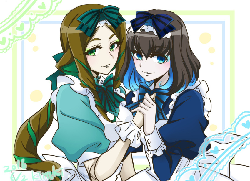 2girls artist_name black_hair black_lipstick blue_eyes blue_hair bow brown_hair dated doll_joints garie_tuman green_eyes green_hair grin headdress kiraki lipstick looking_at_viewer makeup multicolored_hair multiple_girls phara_suyuf puffy_short_sleeves puffy_sleeves senki_zesshou_symphogear sharp_teeth short_sleeves smile teeth two-tone_hair wrist_cuffs