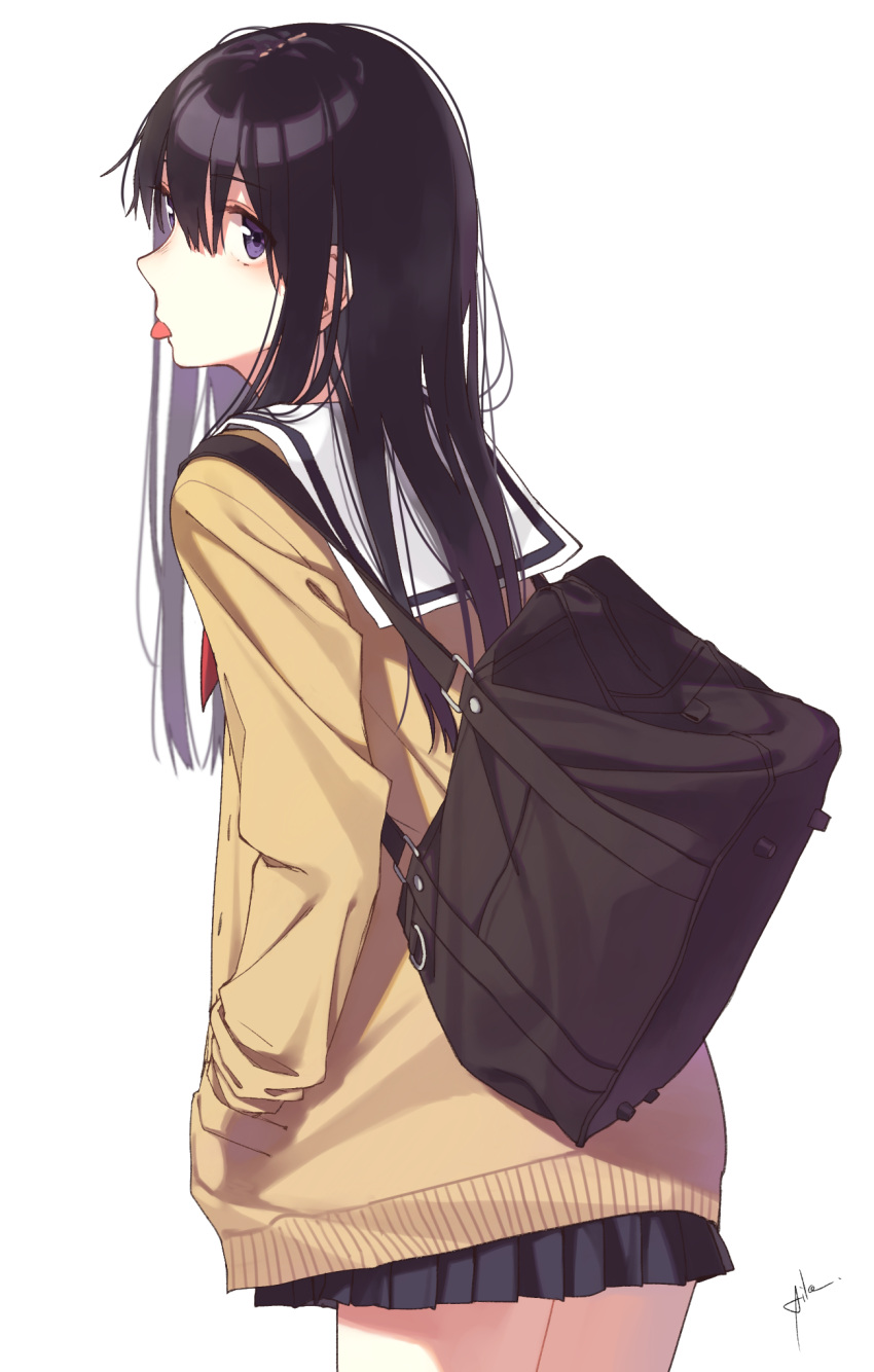 1girl aiko_(aiko_54) artist_name bag bangs black_hair black_skirt cardigan cowboy_shot eyebrows_visible_through_hair from_side hair_between_eyes hands_in_pockets highres koe_no_katachi long_hair looking_at_viewer looking_back neckerchief open_cardigan open_clothes pleated_skirt red_neckerchief school_bag school_uniform serafuku shoulder_bag signature simple_background skirt solo thighs tongue tongue_out violet_eyes white_background