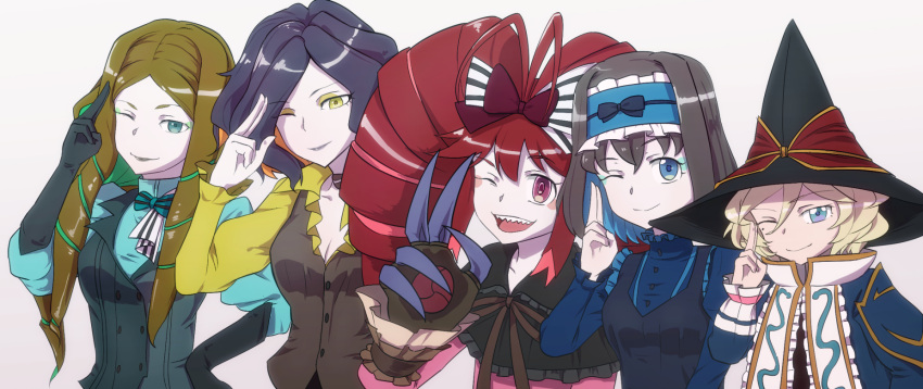 5girls :d antenna_hair black_hair blonde_hair blue_eyes blue_hair blush_stickers bow breasts brown_hair carol_malus_dienheim claws cleavage dress eyeshadow garie_tuman gloves green_eyes green_hair hair_between_eyes hair_bow hand_on_hip hat highres leiur_darahim long_hair makeup micha_jawkan mole mole_under_eye multicolored_hair multiple_girls nannyou_dojin one_eye_closed open_mouth orange_hair phara_suyuf red_eyes salute senki_zesshou_symphogear sharp_teeth short_hair smile teeth two-finger_salute two-tone_hair witch_hat yellow_eyes