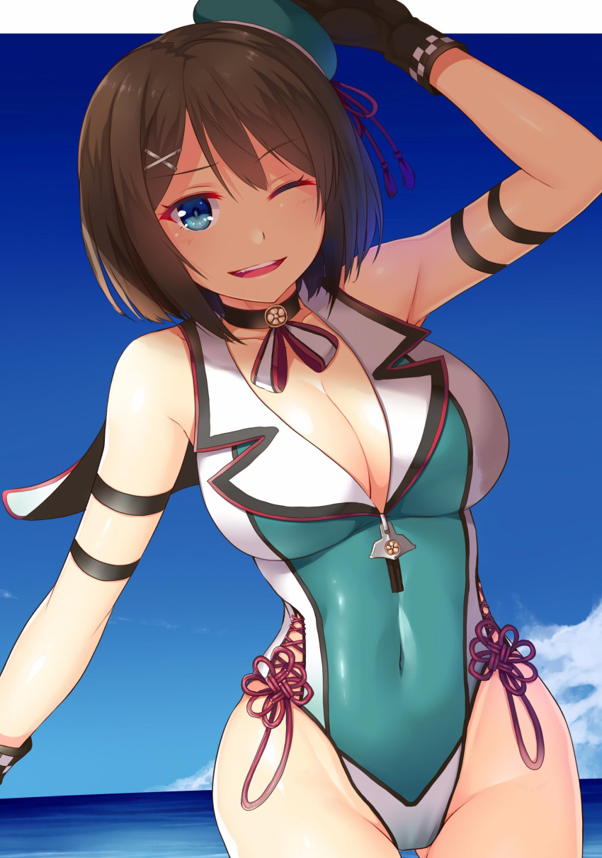1girl absurdres adapted_costume bare_shoulders blue_eyes breasts brown_hair choker cleavage clouds gloves hair_ornament hairclip hat highres horosuke_(toot08) kantai_collection large_breasts leotard maya_(kantai_collection) mini_hat ocean one_eye_closed racequeen remodel_(kantai_collection) shadow skin_tight solo