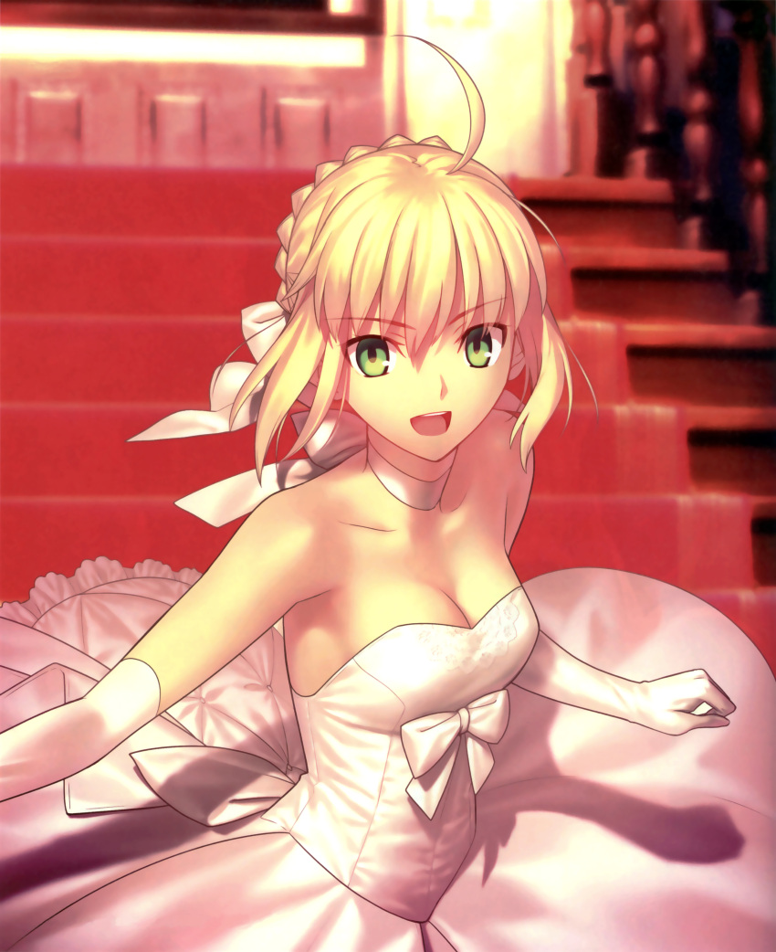 1girl :d absurdres ahoge artoria_pendragon_(all) blonde_hair breasts choker cleavage collarbone dress elbow_gloves eyebrows_visible_through_hair fate/stay_night fate_(series) gloves green_eyes hair_between_eyes hair_ribbon highres indoors looking_at_viewer medium_breasts official_art open_mouth ribbon ribbon_choker saber short_hair sleeveless sleeveless_dress smile solo stairs strapless strapless_dress takeuchi_takashi wedding_dress white_dress white_gloves white_ribbon