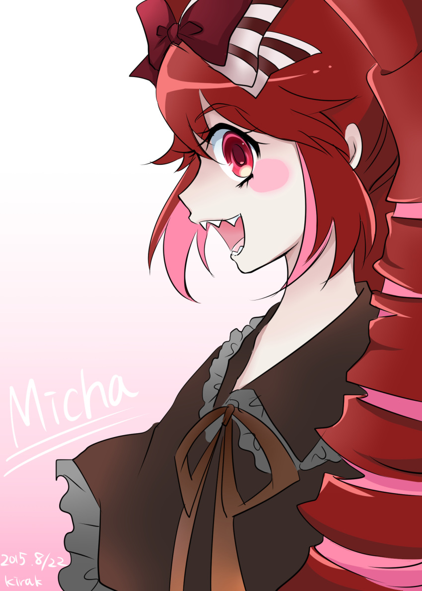1girl :d artist_name blush_stickers bow character_name dated drill_hair hair_bow highres kiraki long_hair looking_to_the_side micha_jawkan multicolored_hair open_mouth pink_hair profile red_eyes redhead senki_zesshou_symphogear sharp_teeth smile teeth twin_drills two-tone_hair