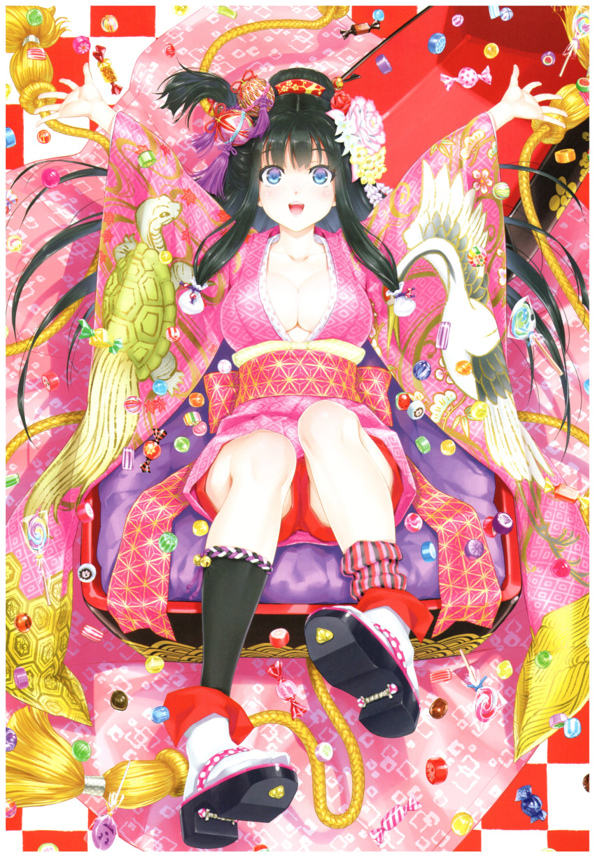 1girl absurdres arms_up black_hair blue_eyes blush breasts candy cleavage flower food hair_flower hair_ornament happoubi_jin happy highres japanese_clothes kimono mismatched_legwear open_mouth original pillow ponytail scan side_ponytail sitting smile solo