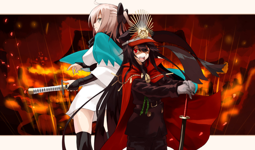 2girls ahoge back-to-back bangs belt black_hair black_legwear black_scarf blonde_hair bow breasts cloak demon_archer eyebrows_visible_through_hair fate_(series) gloves green_eyes hair_between_eyes hair_bow half_updo hat height_difference highres holding holding_sword holding_weapon japanese_clothes katana kimono kimono_skirt koha-ace long_hair looking_back medium_breasts military military_hat military_uniform multiple_girls over-kneehighs parted_lips peaked_cap planted_sword planted_weapon ponytail profile red_eyes sakura_saber scarf sheath sheathed shinsengumi shunichi standing swept_bangs sword thigh-highs uniform weapon white_gloves white_kimono