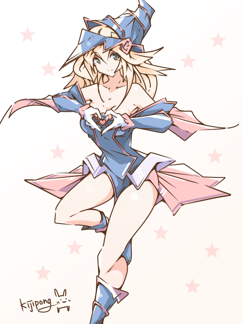 1girl artist_request bare_shoulders blonde_hair blue_boots blush boots breasts cleavage dark_magician_girl duel_monster green_eyes hat highres large_breasts long_hair pentacle smile solo star tagme wizard_hat yu-gi-oh! yuu-gi-ou_duel_monsters