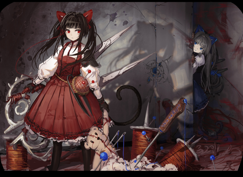 2girls bangs black_gloves black_hair blood blood_stain blue_bow blue_eyes blunt_bangs bow character_request cibo_(killy) closed_mouth dress gloves hair_bow holding holding_weapon letterboxed long_hair long_sleeves multiple_girls nagai_gojitsudan_no_nechronica needle original pale_skin peeking_out personification red_bow red_dress red_eyes scissors shadow smile string stuffed_animal stuffed_toy tail teddy_bear twintails weapon