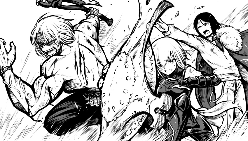 1girl 2boys armor armored_boots armored_dress axe belt_buckle bleeding blood boots buckle cape debris fate/grand_order fate_(series) greyscale grimace hair_over_one_eye injury kanno_takanori monochrome multiple_boys muscle necktie open_mouth outstretched_arm sakata_kintoki_(fate/grand_order) shield shielder_(fate/grand_order) shirtless short_hair sunglasses sweatdrop watch waver_velvet weapon wind