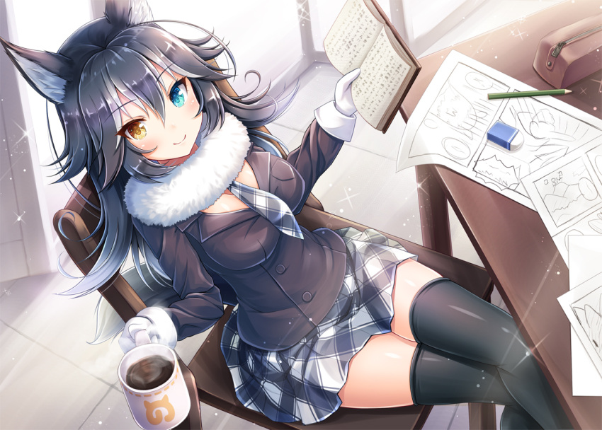 1girl akashio_(loli_ace) animal_ears bangs black_hair black_legwear black_necktie black_skirt blue_eyes book breasts chair coffee coffee_cup eraser fur_collar gloves grey_wolf_(kemono_friends) heterochromia indoors kemono_friends long_hair long_sleeves looking_at_viewer medium_breasts miniskirt multicolored_hair necktie parted_bangs pencil revision simple_background skirt smile solo sparkle table tail thigh-highs two-tone_hair white_gloves wolf_ears wolf_tail yellow_eyes