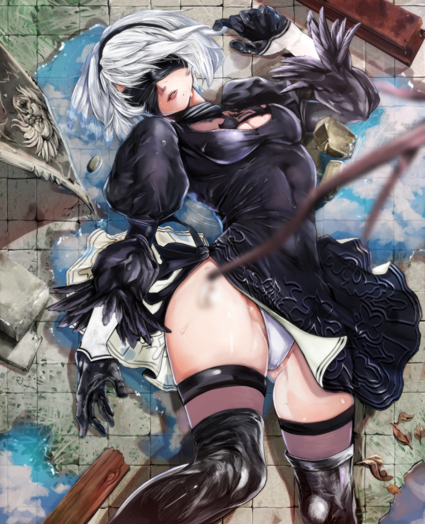 black_dress black_gloves black_legwear blindfold bokkusu boots dress feather-trimmed_sleeves gloves hairband highres leotard_under_clothes lying mole mole_under_mouth nier_(series) nier_automata on_back parted_lips planted_sword planted_weapon puddle puffy_sleeves rock short_hair silver_hair sword thigh-highs thigh_boots water weapon yorha_no._2_type_b