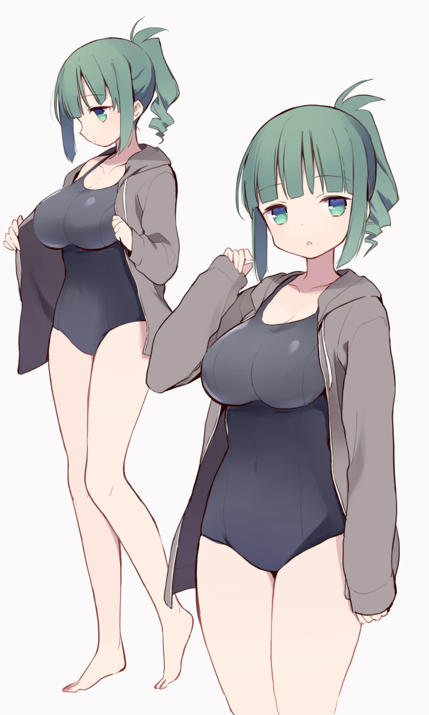 1girl barefoot blush breasts collarbone green_eyes green_hair highres hood hoodie itsumi_(itumiyuo) large_breasts looking_at_viewer open_clothes open_hoodie open_mouth ponytail saki school_swimsuit short_hair sidelocks simple_background sleeves_past_wrists solo swimsuit takimi_haru white_background