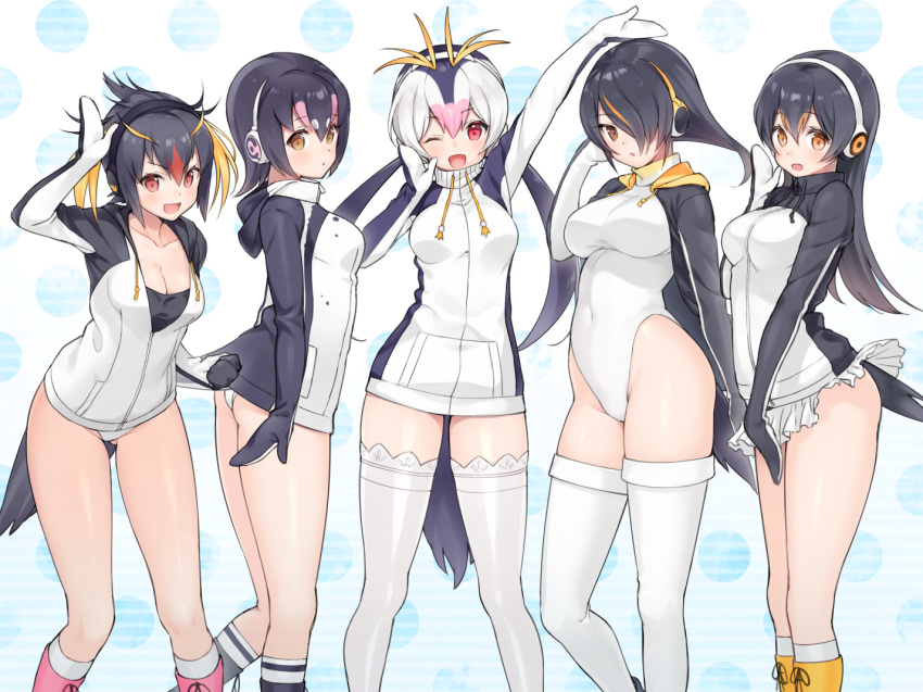 5girls :d ;d black_hair blonde_hair blush boots breasts brown_eyes cleavage covered_navel emperor_penguin_(kemono_friends) gentoo_penguin_(kemono_friends) hair_between_eyes hair_over_one_eye headphones highleg highleg_leotard hood hoodie humboldt_penguin_(kemono_friends) jacket kemono_friends large_breasts legs leotard long_hair long_sleeves looking_at_viewer miniskirt multicolored_hair multiple_girls one_eye_closed open_mouth penguin_tail penguins_performance_project_(kemono_friends) pink_hair pleated_skirt red_eyes redhead rockhopper_penguin_(kemono_friends) royal_penguin_(kemono_friends) short_hair skirt smile tail thigh-highs tokki twintails white_hair white_legwear white_leotard white_skirt wind wind_lift zettai_ryouiki