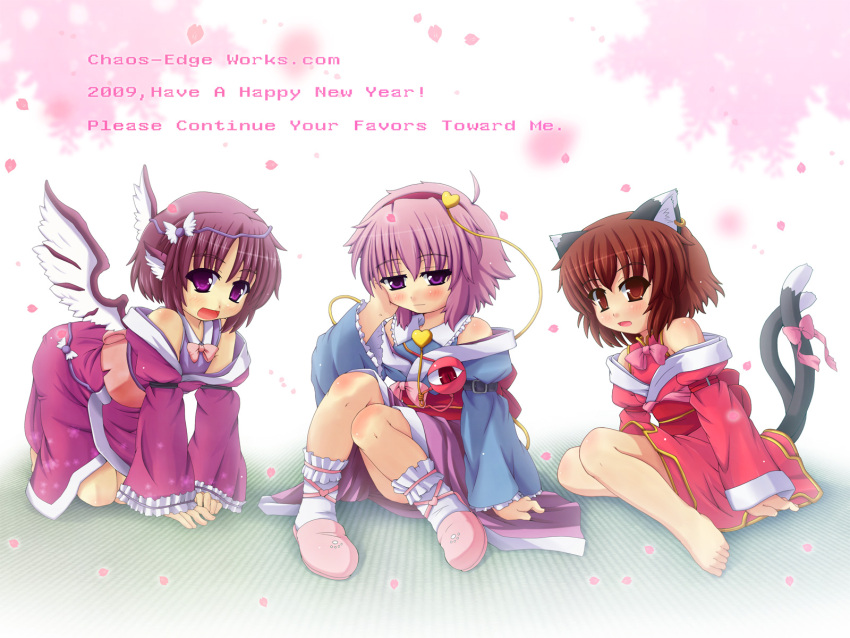 animal_ears bare_shoulders barefoot blush brown_hair cat_ears cat_tail chen etogami_kazuya feet highres komeiji_satori kotoyoro multiple_girls mystia_lorelei new_year pink_hair purple_eyes short_hair tail touhou wallpaper